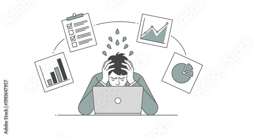 Overwhelmed businessman feeling stressed by excessive workload and data analysis while working on his laptop.