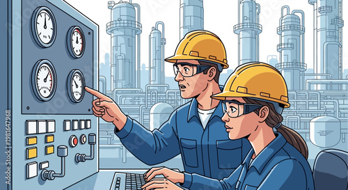 Industrial Workers Monitoring Control Panel in Chemical Plant