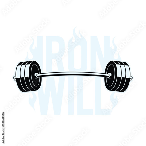 Barbell with flames illustrates an intensive strength training concept for.