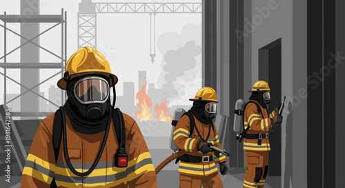 Firefighters in protective gear battling blaze at construction site with smoke and flames