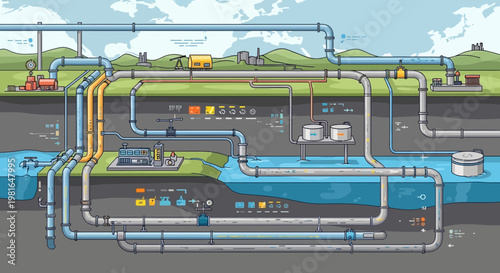 Industrial Water System Diagram: Pipelines, Pumps, and Treatment Plant