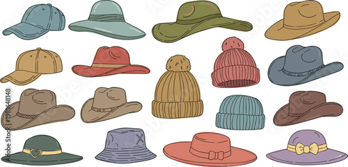 Hand Drawn Hat Collection Vector Set with Casual Caps, Beanies, Bucket Hats and Wide Brim Styles in Vintage Cartoon Illustration for Fashion Design