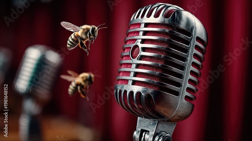 Dramatic Vintage Microphone Close-Up with Bees Flying Around the Stage