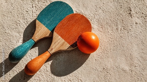Bright Stylish Wooden Beach Racket with Ball on Sandy Background
