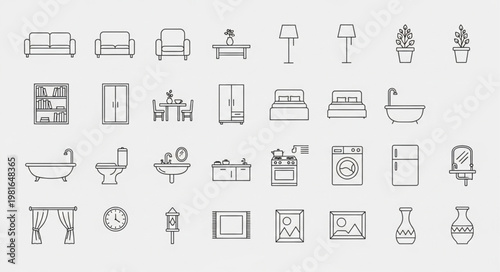 Collection of Furniture Icons - Beds, Sofas, Tables, and Bathroom Fixtures.