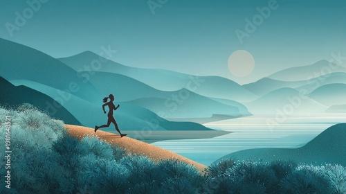 Stylized Digital Woman Running Silhouette with Mountain and Lake Landscape