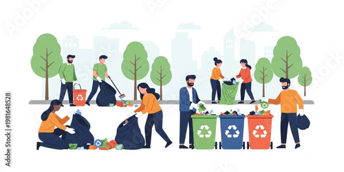 People Cleaning Park and Recycling Waste Illustration with Volunteers Collecting Trash, Sorting Garbage Bins and Environmental Protection Concept in Modern Flat Design Style
