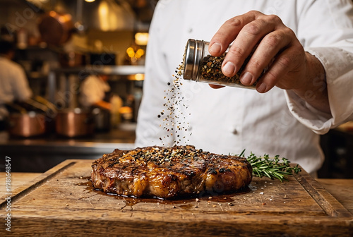 Professional chef sprinkling spices and pepper on a grilled beef steak in a restaurant kitchen