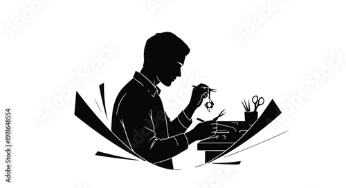 Jeweler working at a desk carefully crafts small metal pieces with precision tools to create bespoke luxury accessories in a professional studio environment filled with artistic creativity.