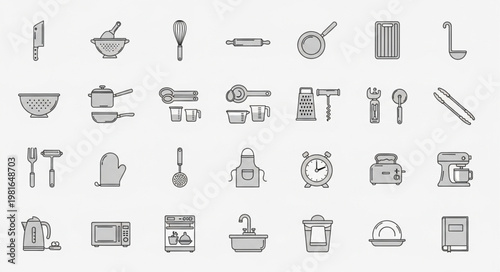 Collection of Kitchen Utensils and Appliances in Black and White.