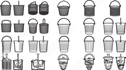 An array of meticulously rendered buckets and containers, each possessing its unique structure and form. These graphics are presented in black and white, suitable for a range of purposes.