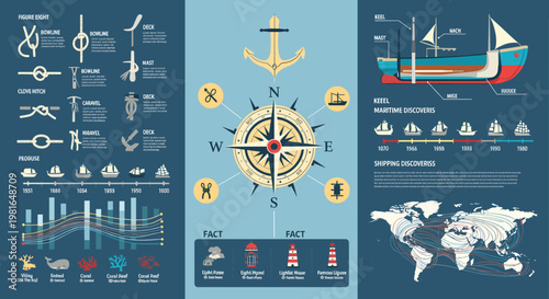 Comprehensive infographic detailing maritime history, navigation tools, ship anatomy, nautical knots, and global shipping routes.