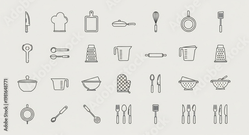 Collection of Kitchen Utensils and Cooking Equipment Illustrations.