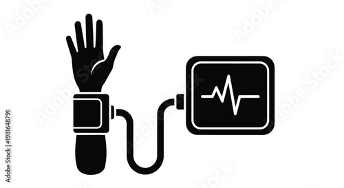 Digital blood pressure monitor measuring the pulse rate of a human arm with a black graphic icon