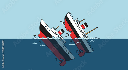 Two cartoon cruise ships sinking into the blue ocean, one of them broken in half, illustrating a maritime disaster.