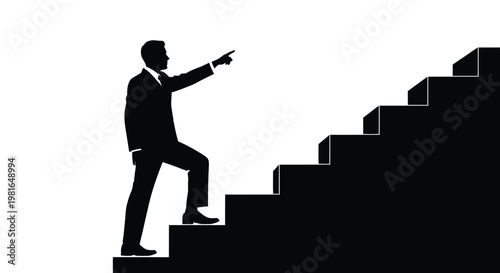 Professional business silhouette of a man walking up stairs and pointing towards his future career growth goals