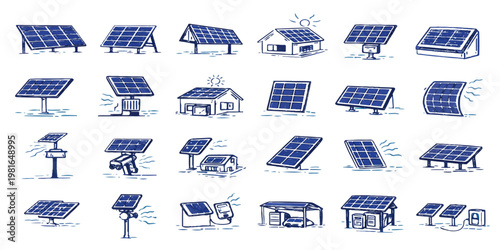 Set of green ecology vector icons for design featuring solar panel technology for renewable house energy and clean electric power from the sun