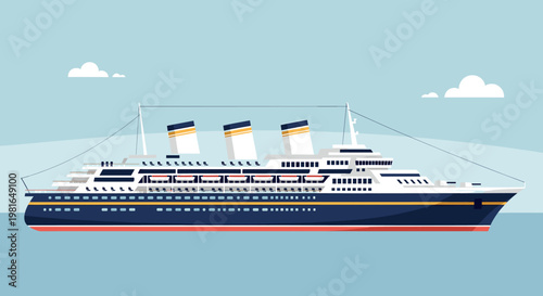 A detailed vector illustration of a large, classic ocean liner with three funnels, sailing on calm blue water under a clear sky with subtle clouds.
