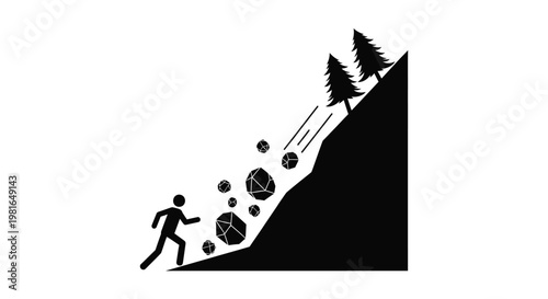 Person running away from a dangerous falling rock avalanche on a steep mountain slope during a storm