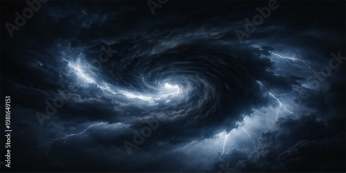 A dramatic blue cloudscape captures the stormy nature of a dark sky where deep textures of rain and lightning meet an abstract heaven of black clouds