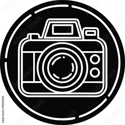 Black and white camera on circular background symbol sign