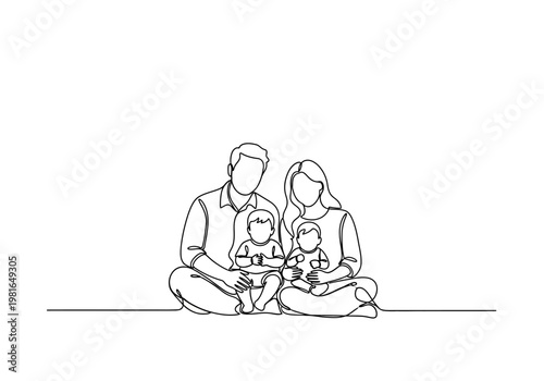 Continuous One Line Drawing of Happy Family with Two Kids. Minimalist Father, Mother and Children Illustration for Modern Parenting, Home Decor, and Unity Concept.