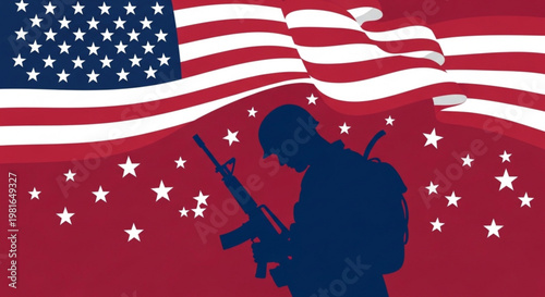 American soldier silhouette with usa flag and stars patriotic symbol of freedom and defense