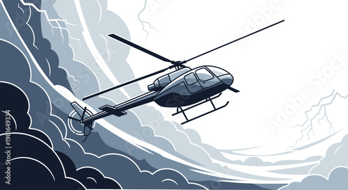 Helicopter flying through stormy weather with lightning and dark clouds