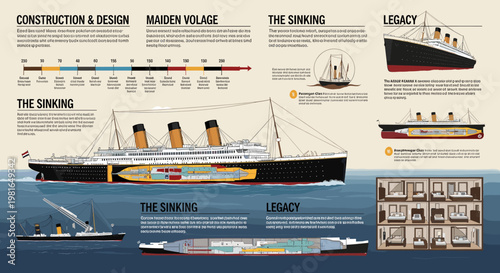 Detailed infographic illustrating the construction, maiden voyage, sinking, and legacy of the RMS Titanic, with cross-sections and historical timelines.