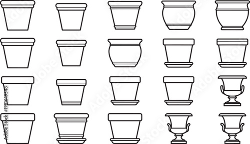 An array of assorted empty, minimalist flower pots in a variety of shapes and sizes. Clean graphic and inviting feel.