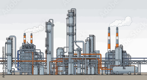Industrial Chemical Plant Complex with Smokestacks and Pipelines