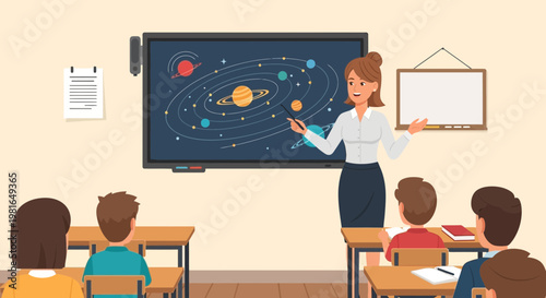 Teacher Explaining Solar System Model On Smartboard To Students In Classroom