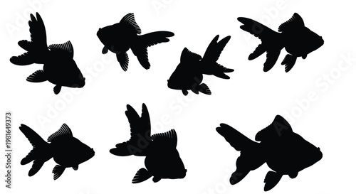 Multiple black silhouettes of goldfish swimming in different directions displayed on a plain white isolated background surface