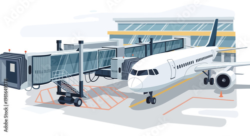 Airplane connected to airport jet bridge, modern terminal, travel concept illustration