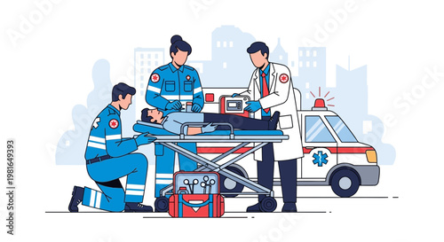 Emergency Medical Team Assists Patient Near Ambulance