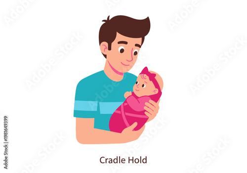 Young Father Holding Newborn Baby Girl in Cradle Hold Position, Vector Illustration of Parenting and Infant Care