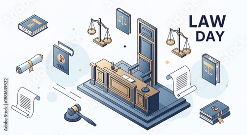 Isometric law office desk with legal documents scales and books on law day symbolizing justice and legislation