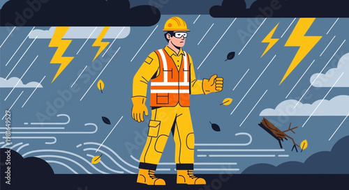 Construction worker in safety gear braving a severe storm with lightning and heavy rain