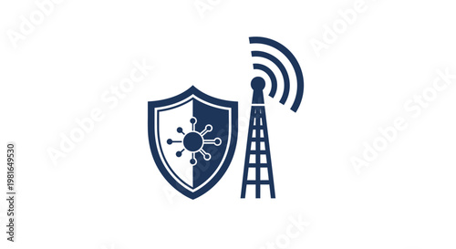 Network Security Shield with Cellular Tower Illustration