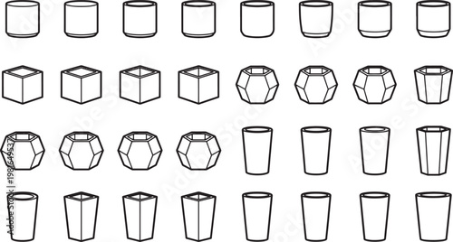 A collection of minimalist, clean-lined, and modern geometric shapes are artfully arranged in a grid pattern. These simple designs, in black and white, evoke a sense of balance and sophistication.