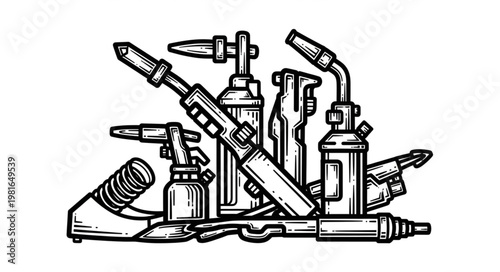 Collection of Welding Torches - Detailed Black and White Illustration.