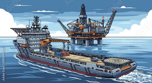 Offshore oil rig platform with supply vessel in pixel art style