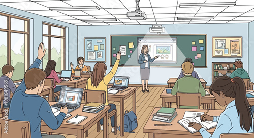 Diverse students engaged in a modern classroom with teacher and interactive whiteboard