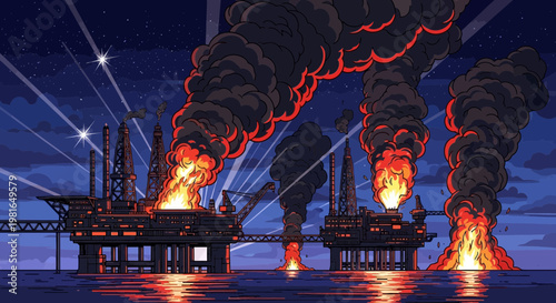 Offshore oil rig disaster, burning platform spewing thick black smoke at night, ocean reflection