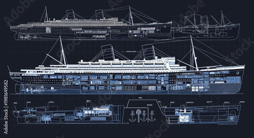 Detailed cross-section blueprint illustration of a grand ocean liner, showcasing its intricate internal structure and machinery.