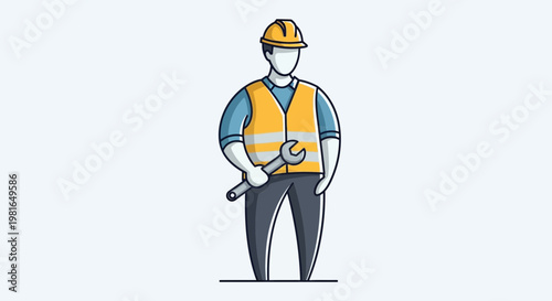 Construction worker with wrench wearing hard hat and safety vest, illustration