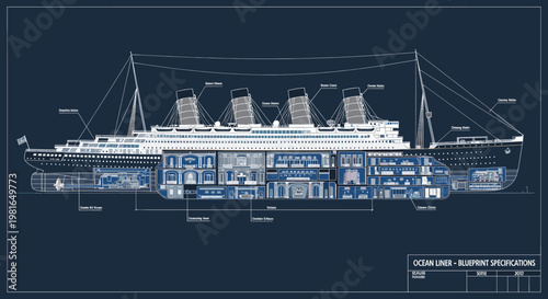Blueprint of a grand ocean liner showing detailed cross-section of its decks, engines, and passenger accommodations.