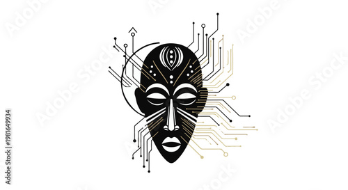 Tribal mask featuring intricate circuit board patterns represents the fusion of ancient cultural heritage and modern technological advancement in the digital era of global communication systems.