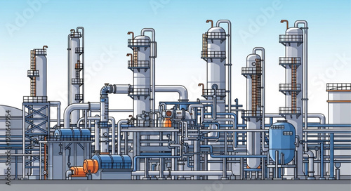 Complex Industrial Plant with Towers, Pipes, and Tanks Under Blue Sky.