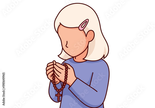 Cartoon Illustration of a Young Girl Praying with Rosary Beads and Cross, Concept of Faith, Religion, and Spirituality on White Background